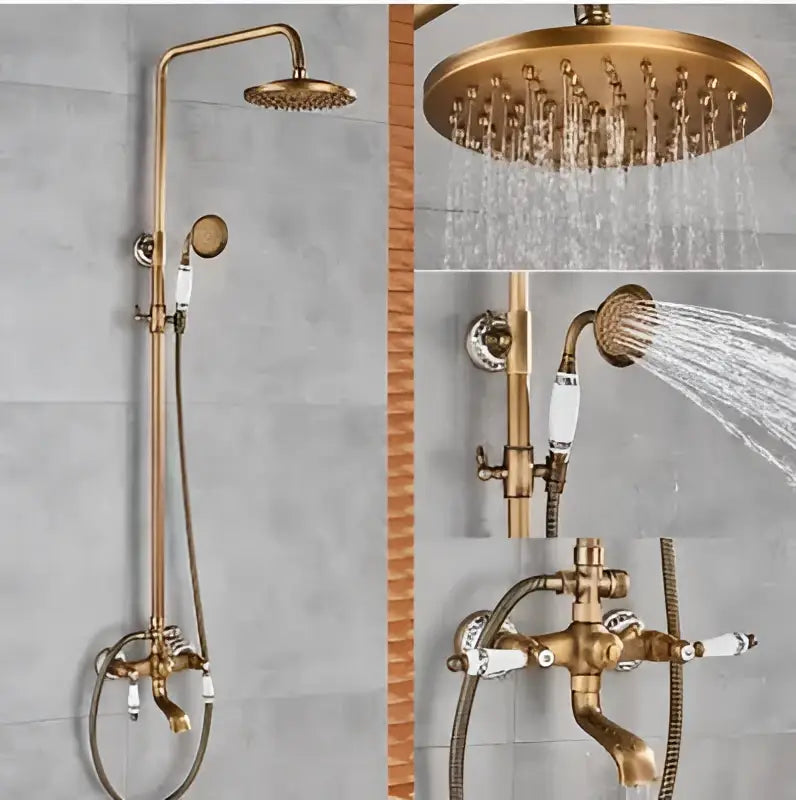 DecorBites™ antique brass tub faucet with swivel spout and rainhead shower system including handheld sprayer and wall mount
