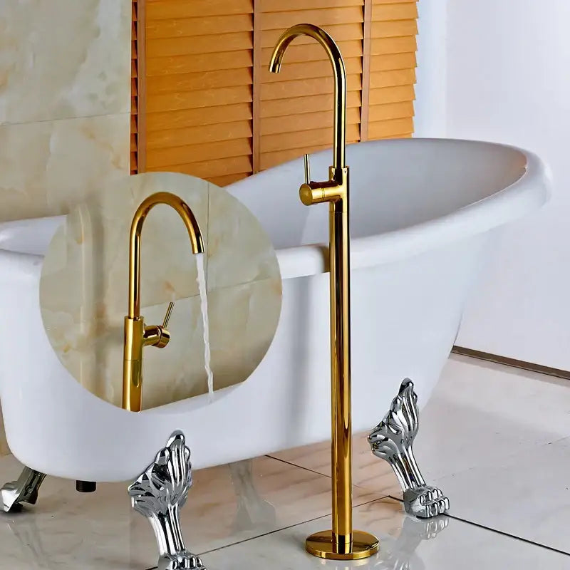 Decorbites antique brass tub faucet with gold finish, swivel spout, curved design, and single lever handle for mixer tap