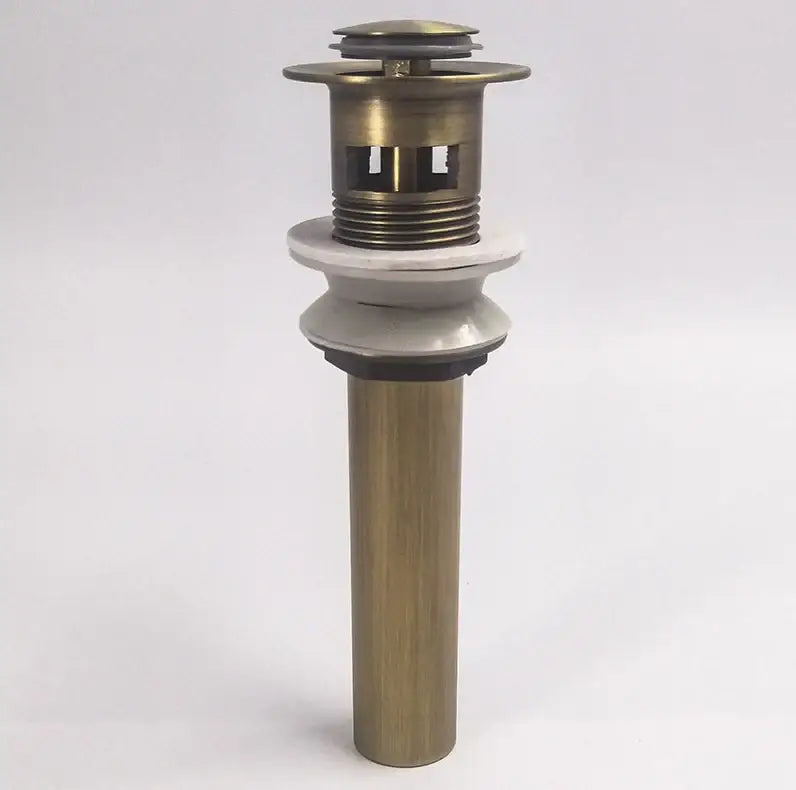 Decorbites antique brass vessel sink drain with threaded cylindrical body and flanged top for bathroom use