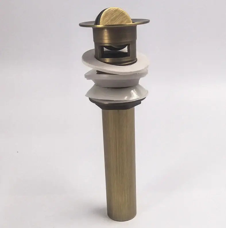 Decorbites antique brass vessel sink drain with cylindrical body and layered white rubber seals for bathroom use