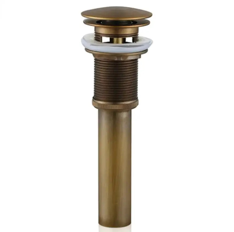 DecorBites antique brass vessel sink drain with a fluted threaded body and circular ridged top for bathroom use