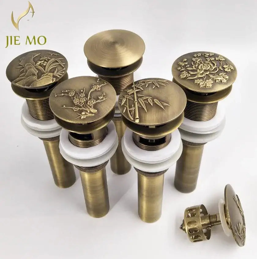Decorbites antique brass vessel sink drain featuring intricate engraved floral and bamboo designs for bathroom use