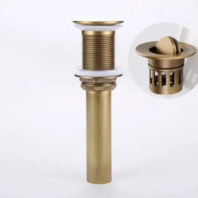 Decorbites™ antique brass vessel sink drain strainer with integrated pop up stopper and cylindrical threaded brass body