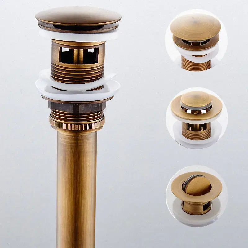 Decorbites™ antique brass vessel sink drain strainer with white rubber seal and threaded metal body for bathroom use