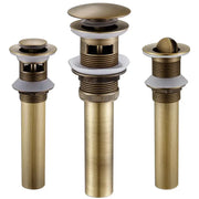 Three brass-finished antique brass vessel sink drain strainers with white ceramic seals for lavatory basin use