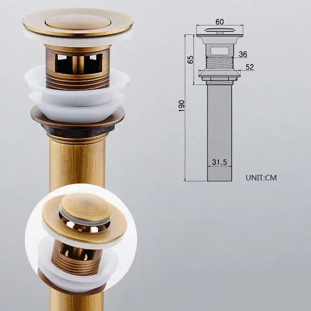 Decorbites™ antique brass vessel sink drain strainer with push-button flange and white ceramic seals for lavatory basin