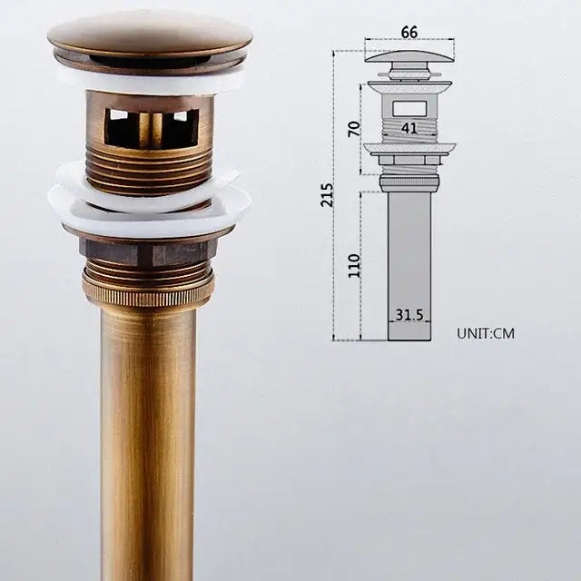 Decorbites™ antique brass vessel sink drain strainer with white rubber seals and detailed technical diagram dimensions