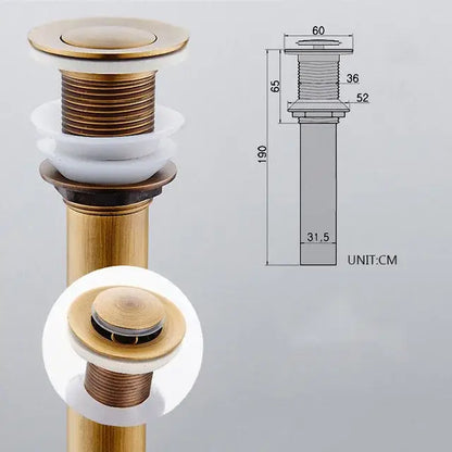 DecorBites™ antique brass vessel sink drain strainer with circular push-button top and white ceramic seals for lavatory basin