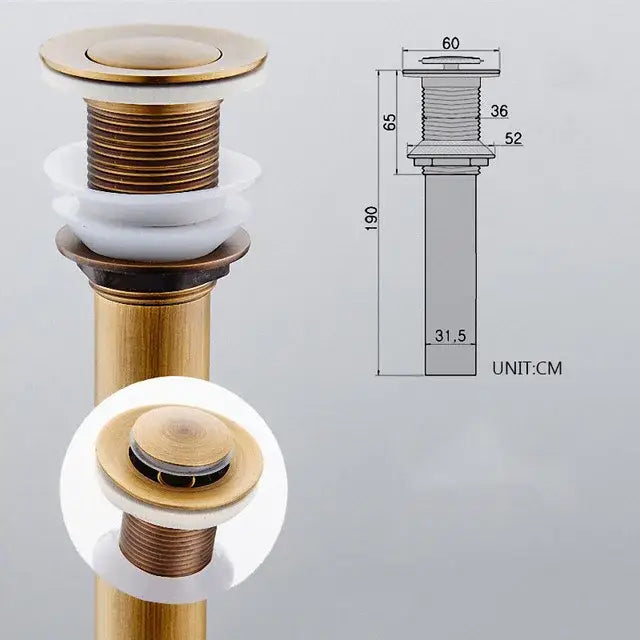 DecorBites™ antique brass vessel sink drain strainer with circular push-button top and white ceramic seals for lavatory basin