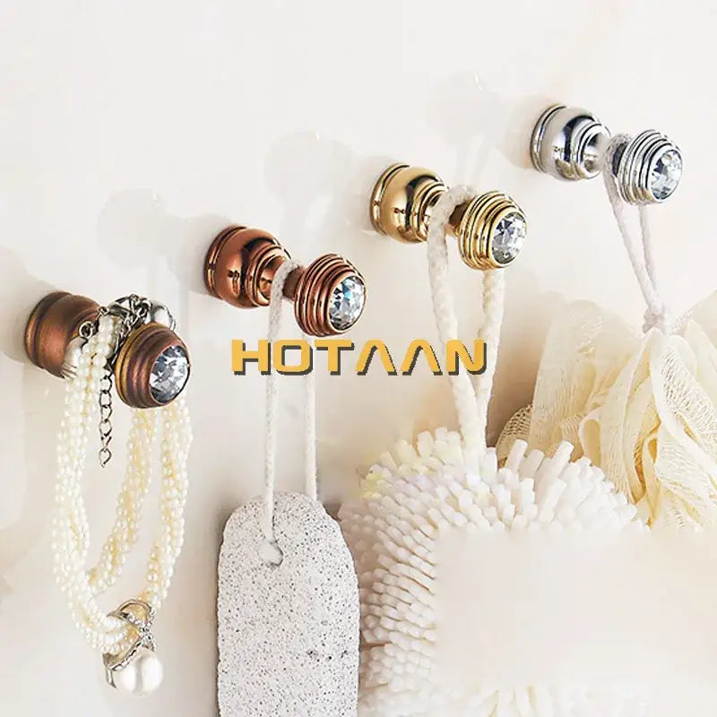DecorBites™ antique brass wall clothes rack with decorative copper gold and silver hooks featuring crystal accents