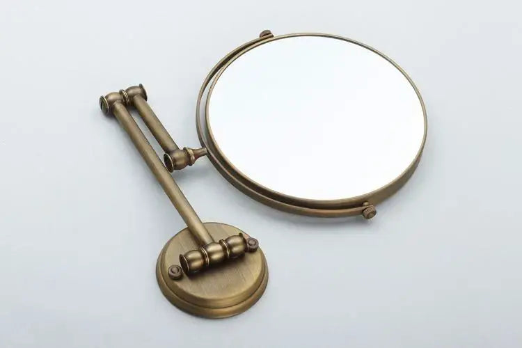 Decorbites antique brass wall double-sided magnifying mirror with articulated arm and circular base for makeup use