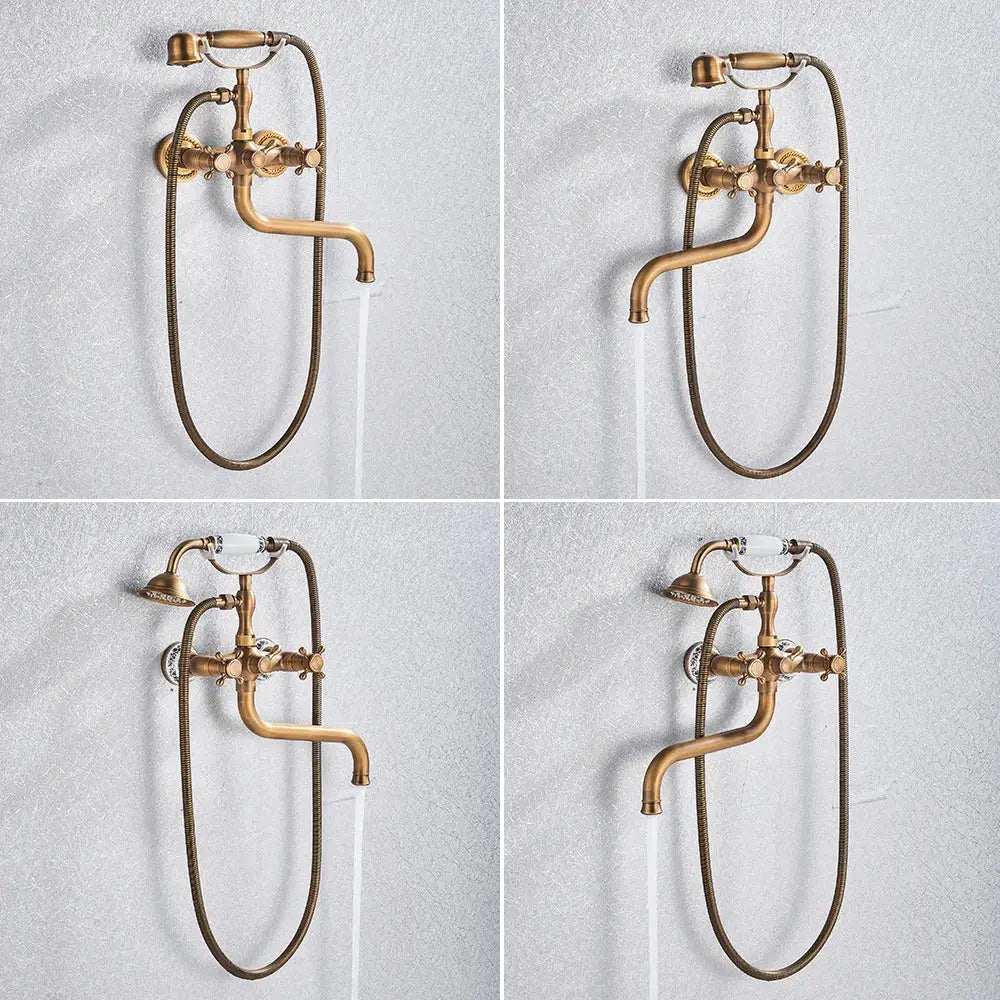 DecorBites antique brass shower mixer tap with curved spout decorative handles and 30cm spout rotation for bath use