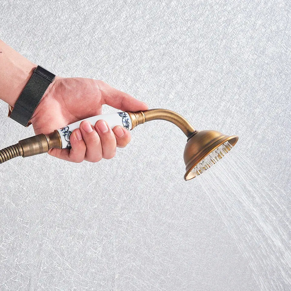 Decorbites™ antique brass shower mixer tap with handheld showerhead and white ceramic handle with blue floral patterns