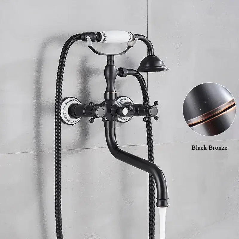 DecorBites™ antique brass shower mixer tap with black bronze vintage design white ceramic handles and 30cm spout rotation