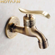 DecorBites Antique brass wall mount bathroom faucet with ornate floral and geometric embossed brass wall design