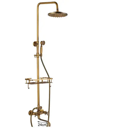 Decorbites antique brass wall mount dual handle shower faucet with round rainhead handheld spray and shelf bracket