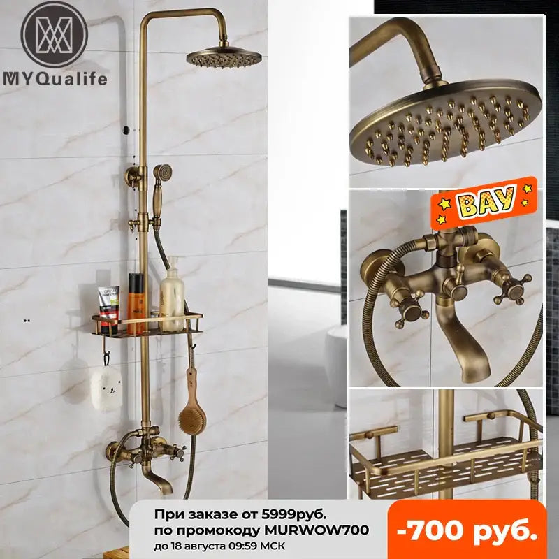 Decorbites antique brass wall mount bathtub shower faucet with dual handle, tall rainhead, handheld sprayer, and shelf spout
