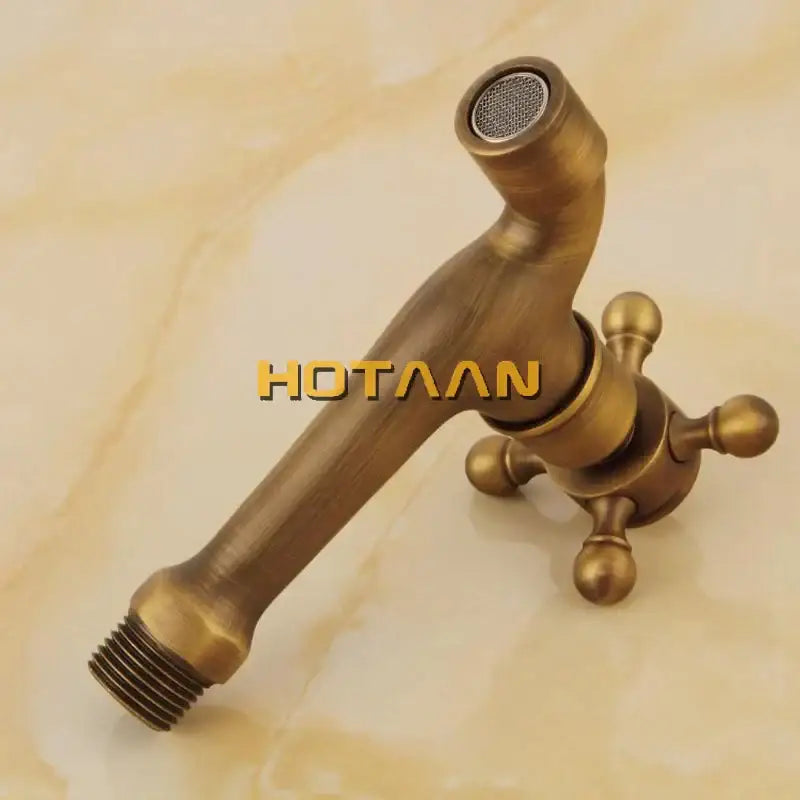 Decorbites antique brass wall mount bibcock faucet with cross-handle and mesh spray nozzle for garden and bathroom