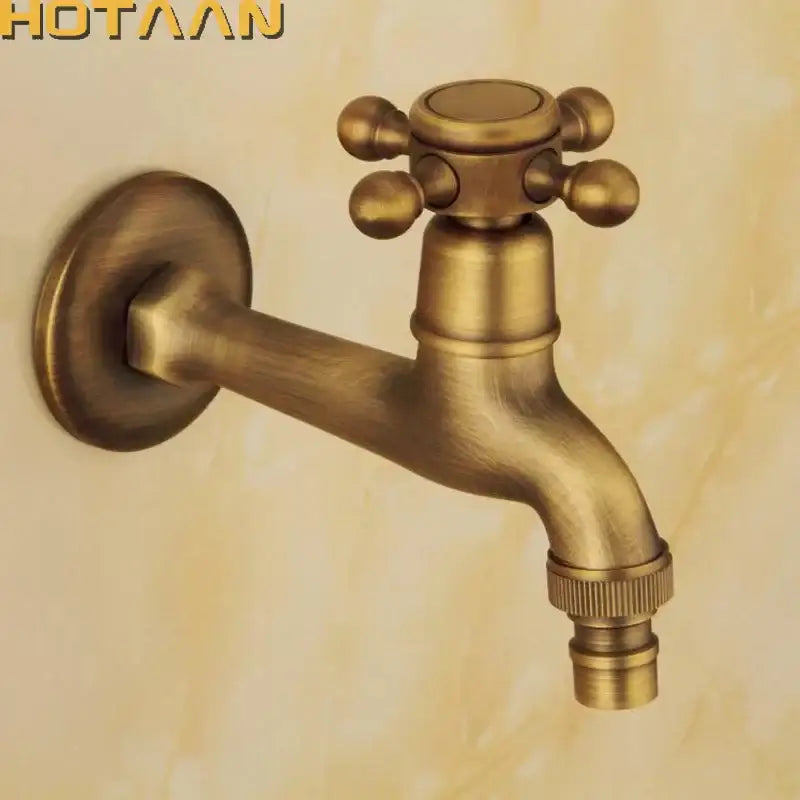 DecorBites antique brass wall mount bibcock faucet with cross handle and decorative knobs for garden and bathroom use