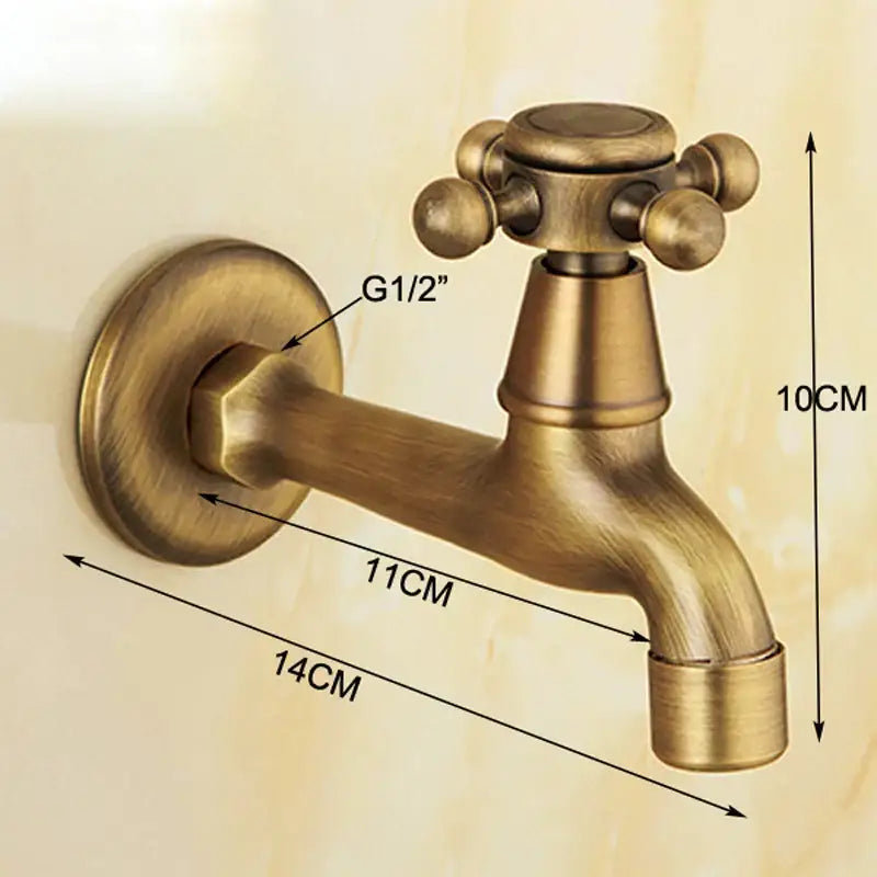 DecorBites antique brass wall mount bibcock faucet with cross-handle design and g1/2 threaded connection for garden and bathroom