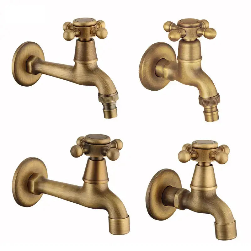 Four vintage-style antique brass wall mount garden faucet handles with cross-shaped knobs and matte finish