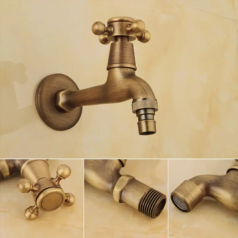 Decorbites antique brass wall mount bibcock garden faucet with a cross-handle and threaded connection for outdoor use
