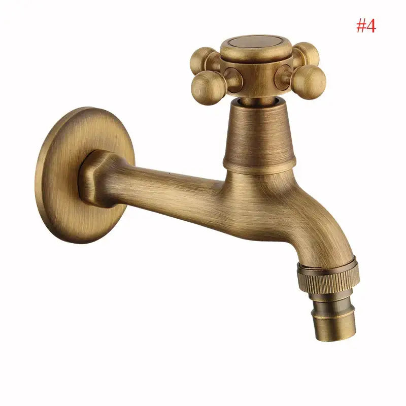 Antique brass wall mount DecorBites garden faucet with cross handle and threaded hose connector for outdoor use