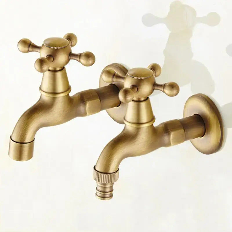 Decorbites antique brass wall mount garden faucet with cross handles and threaded hose connector for pool tap use