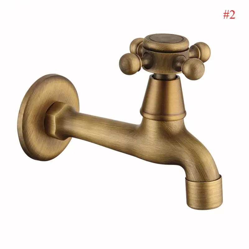 DecorBites antique brass wall mount garden faucet with cross handle and rounded knobs for small pool tap use