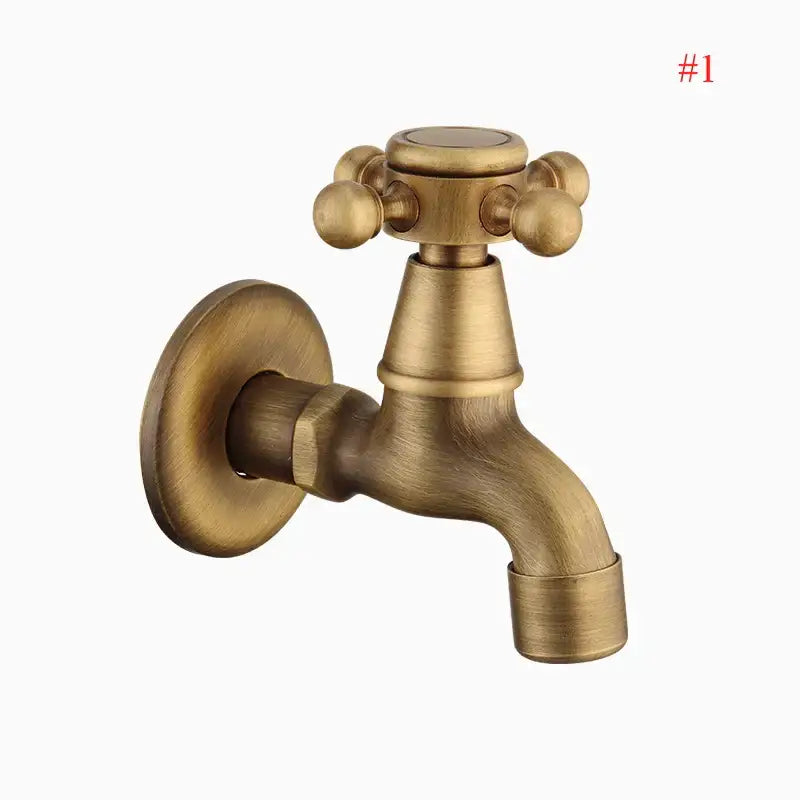 DecorBites antique brass wall mount garden faucet with cross-shaped handle and rounded knobs in brass finish
