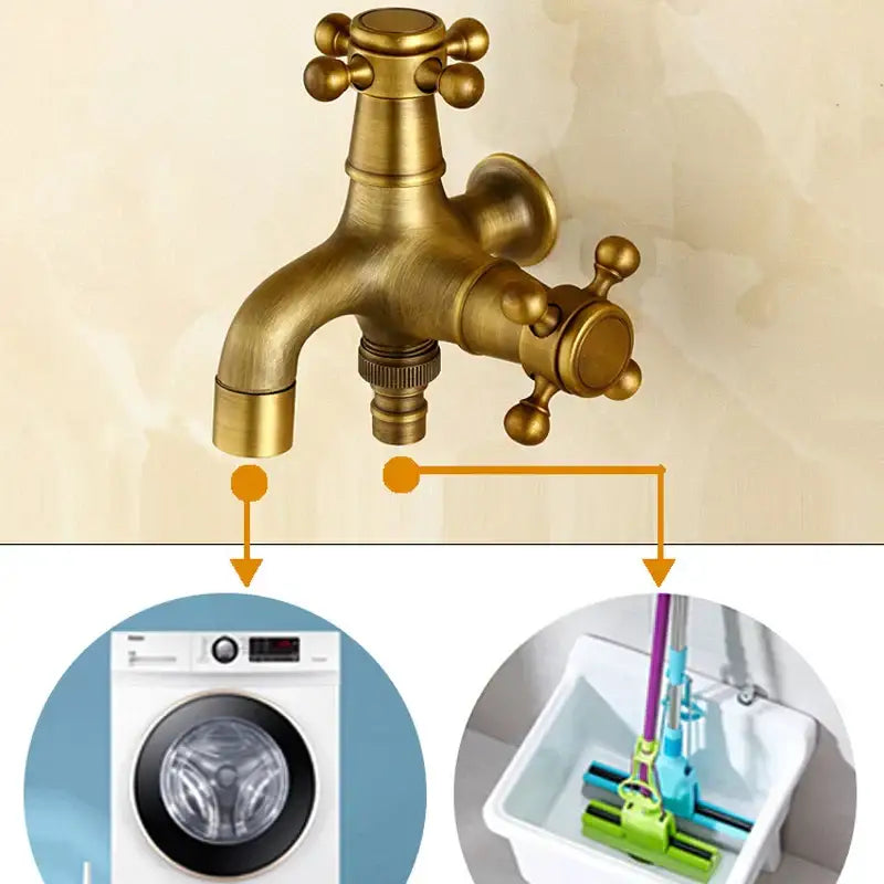 Decorbites antique brass wall mount garden faucet with dual handles and cross-shaped knobs in vintage brass design