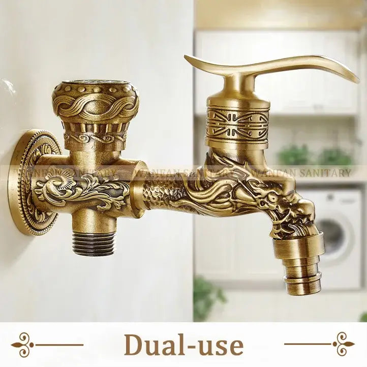 DecorBites antique brass wall mount bidet faucet with ornate dragon embossing for indoor and outdoor use