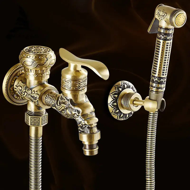 Decorbites™ antique brass wall mount bidet faucet with ornate dragon head design and matching handheld showerhead