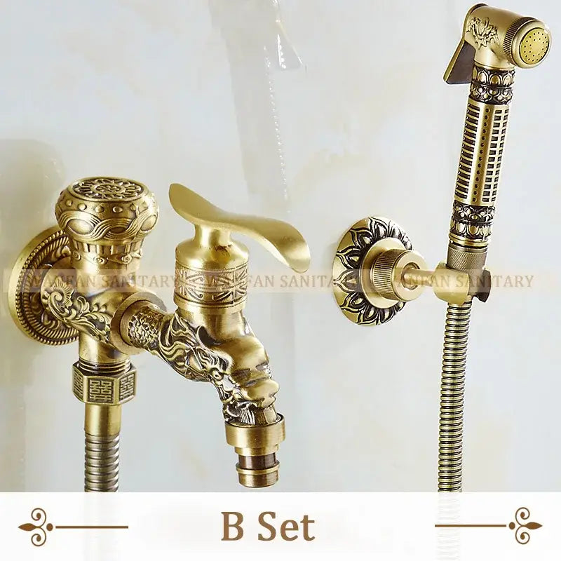 Antique brass wall mount bidet faucet set with ornate dragon head design and matching handheld showerhead by decorbites