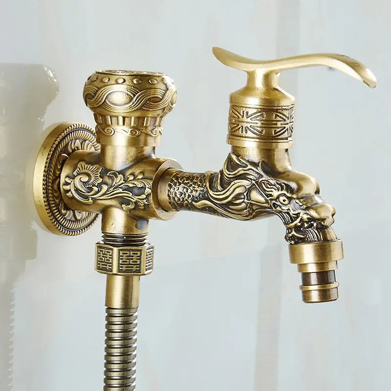 Decorbites™ antique brass wall mount bidet faucet featuring ornate dragon head design and intricate floral detailing