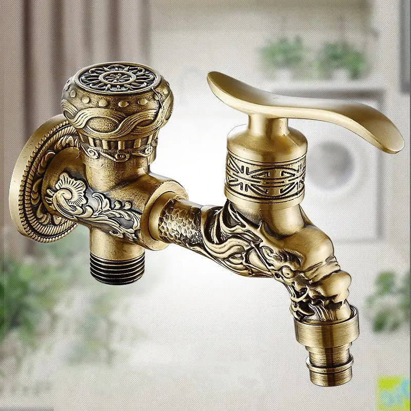 DecorBites™ antique brass wall mount bidet faucet with intricate dragon and floral engravings for hygienic bathroom use