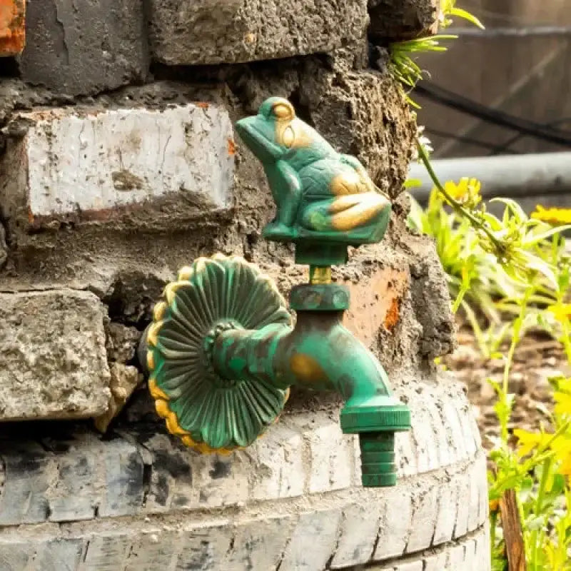 Decorbites antique brass wall mount garden faucet in green and gold with frog-themed fluted design for garden use