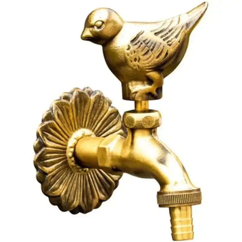 Decorbites™ antique brass wall mount garden faucet in golden brass with detailed bird figurine for kindergarten use