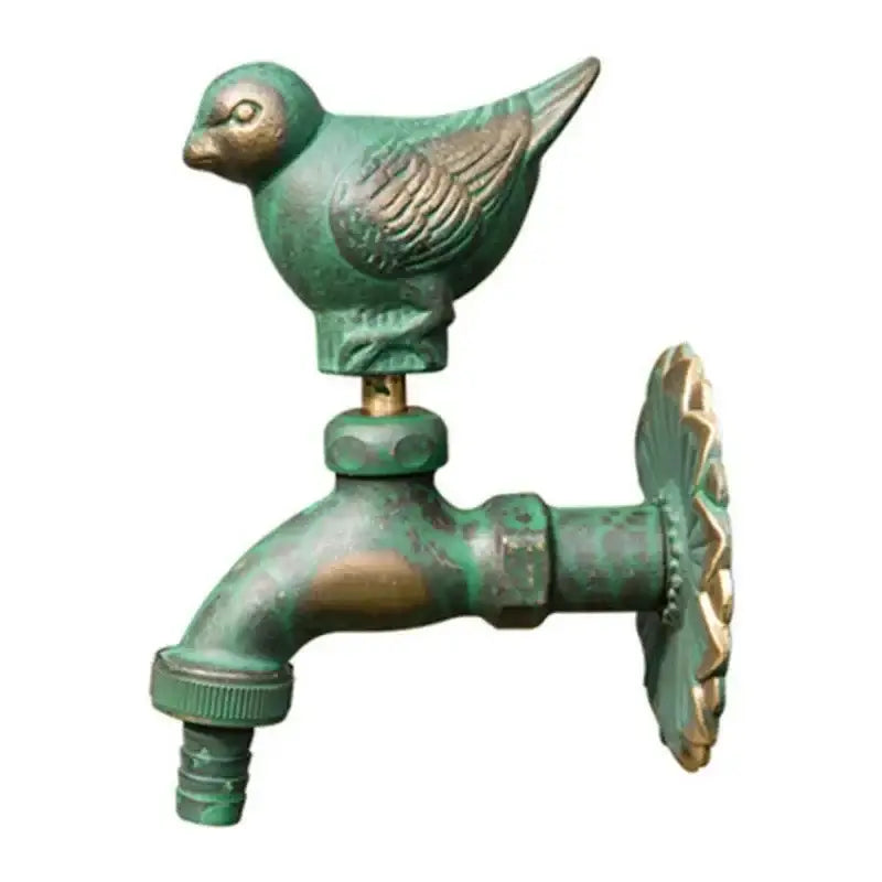 Decorbites antique brass wall mount garden faucet with verdigris bronze bird design and ornate scalloped handle