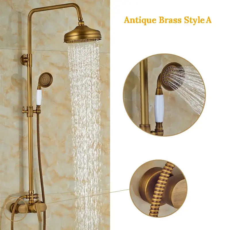Antique brass wall mount shower faucet with 8 inch rain shower head and handheld sprayer featuring white ceramic handles