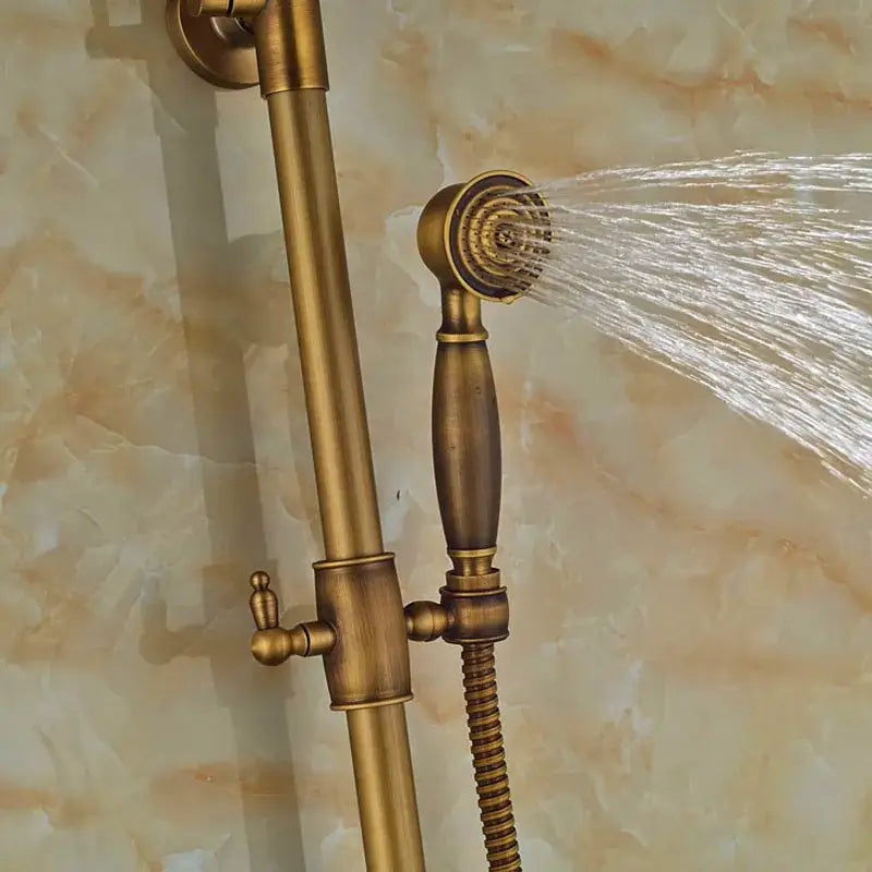 DecorBites antique brass wall mount shower faucet with handheld nozzle sliding rail and 8 inch rain shower head