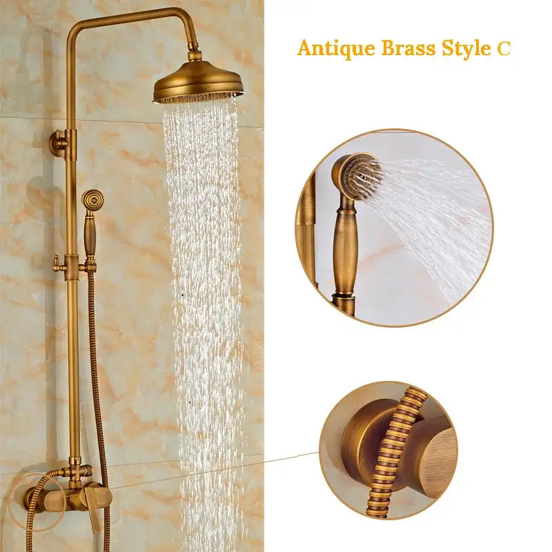 DecorBites antique brass wall mount shower faucet with hand shower and 8 inch rain shower head in antique brass style