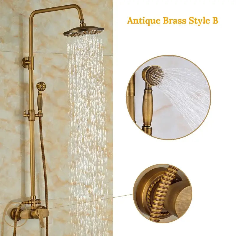 Decorbites antique brass wall mount shower faucet with hand shower and 8 inch rain shower head in antique brass finish
