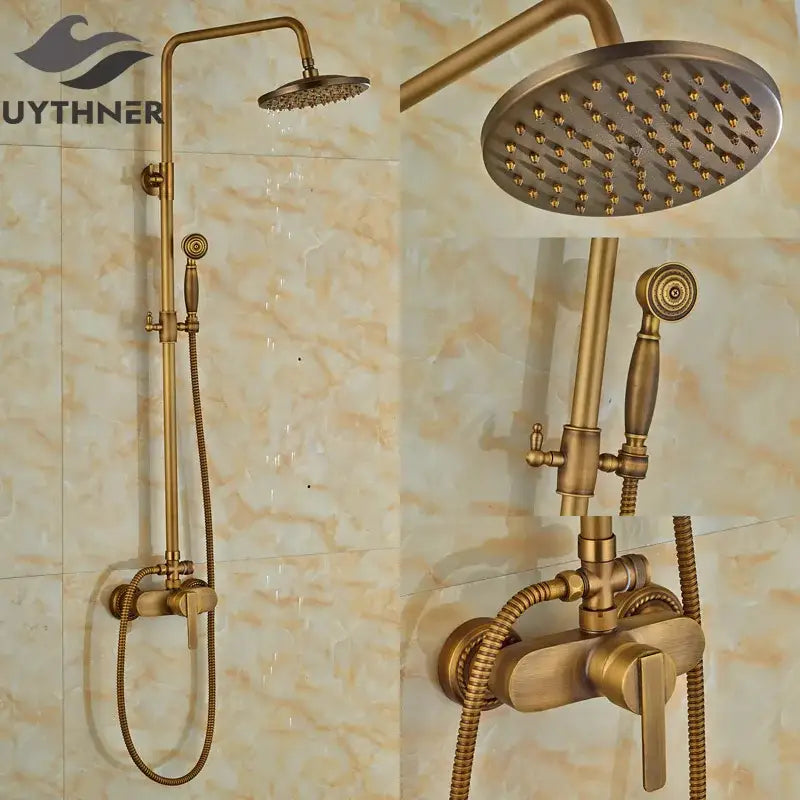 DecorBites antique brass wall mount shower faucet with 8 inch rain shower head and handheld spray nozzle in brass finish