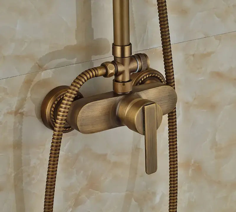 Decorbites antique brass wall mount shower faucet with sleek design textured hoses and 8 inch rain shower head