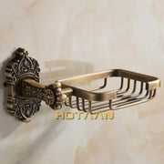 DecorBites™ antique brass wall mount soap basket with ornate scrollwork and wire mesh design for bathroom essentials