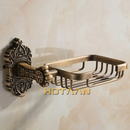 DecorBites™ antique brass wall mount soap basket with ornate scrollwork and wire mesh design for bathroom essentials
