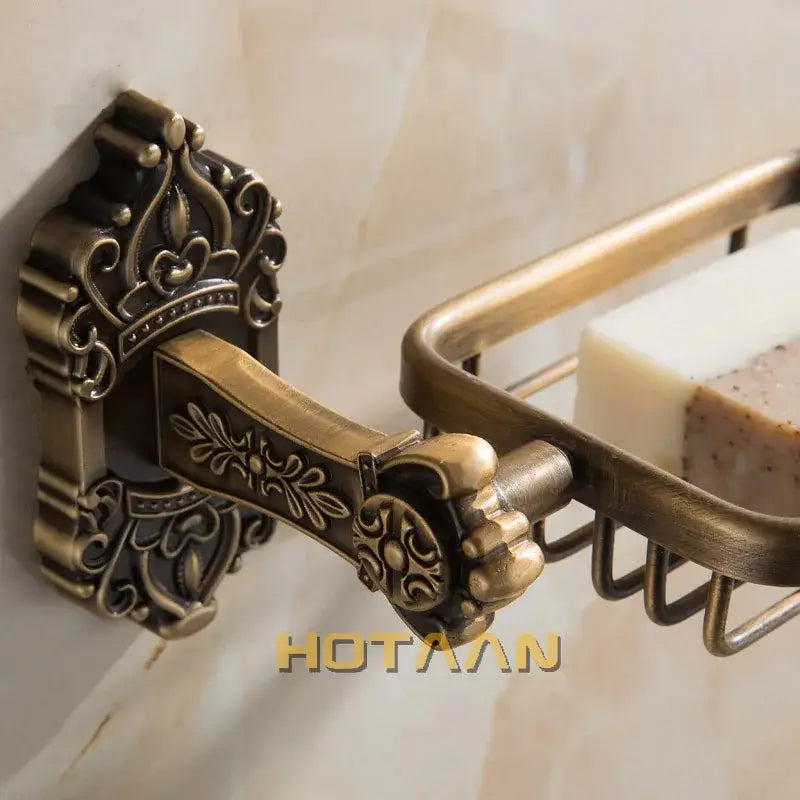 DecorBites™ antique brass wall mount soap basket with ornate crown-inspired bracket and wire mesh tray for bathroom essentials