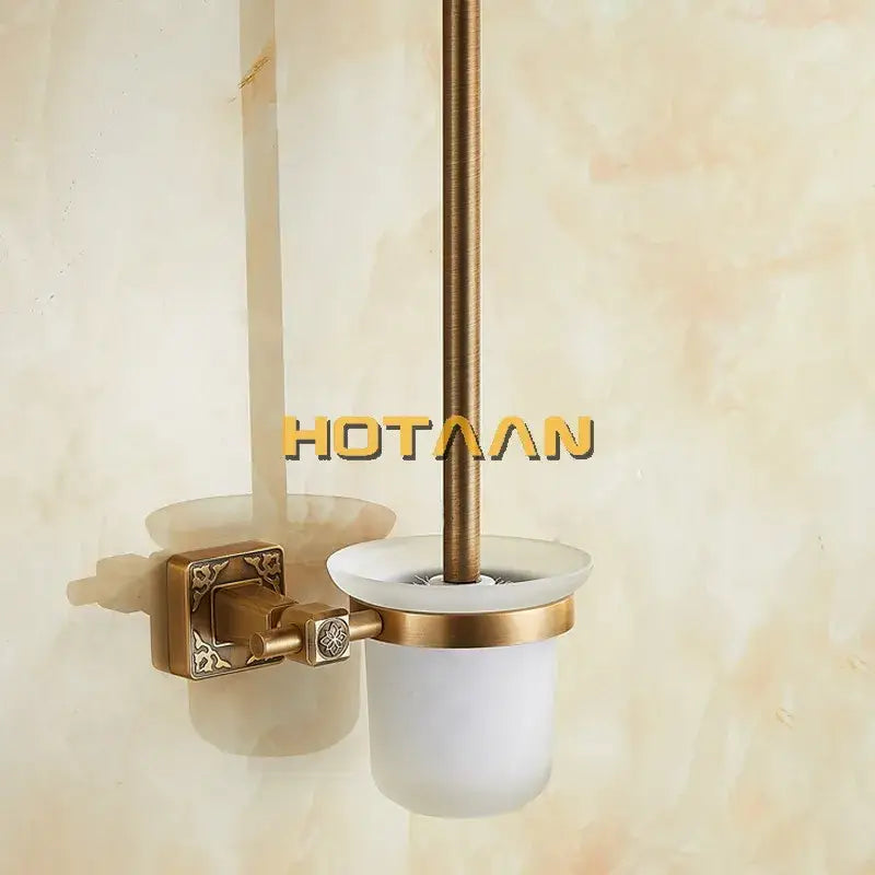 Decorbites antique brass wall mount toilet brush holder with frosted white ceramic base and ornate bracket