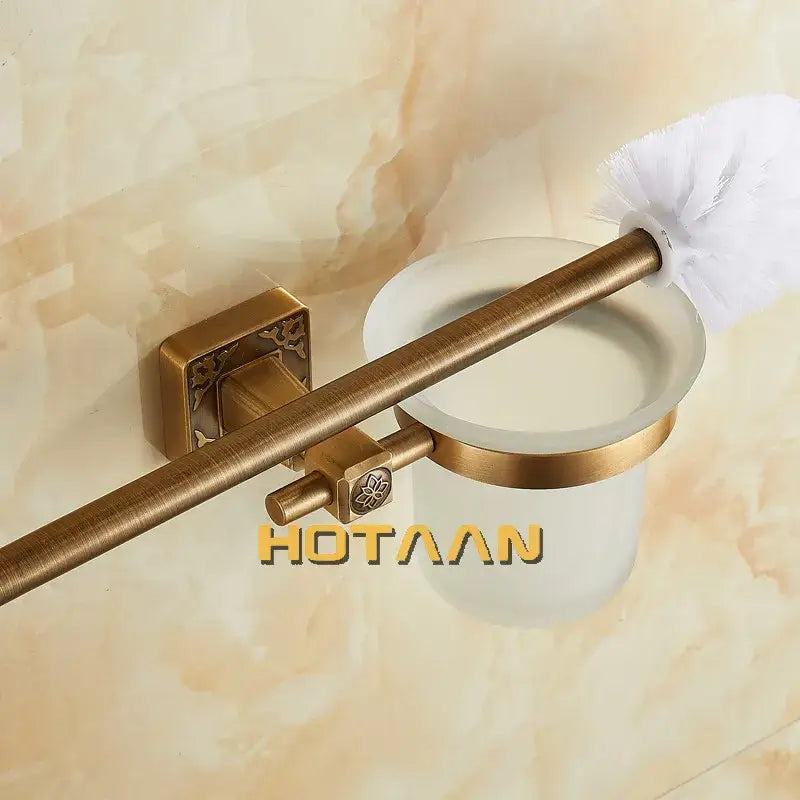 DecorBites™ antique brass wall mount toilet brush holder with frosted glass cup and decorative brass finish